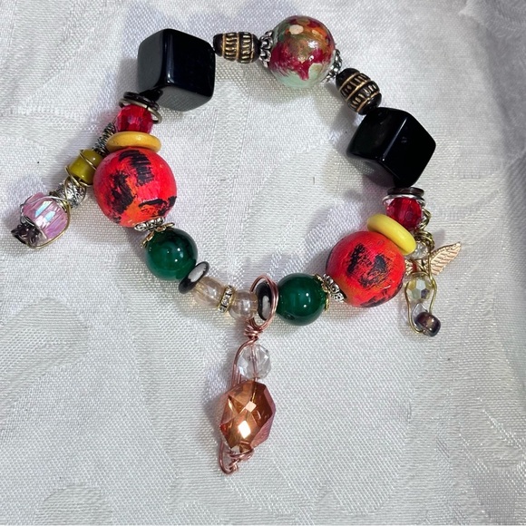 Handmade one-of-a-kind hand painted bracelet with charms ethnic tribal boho 3130 - Picture 11 of 11